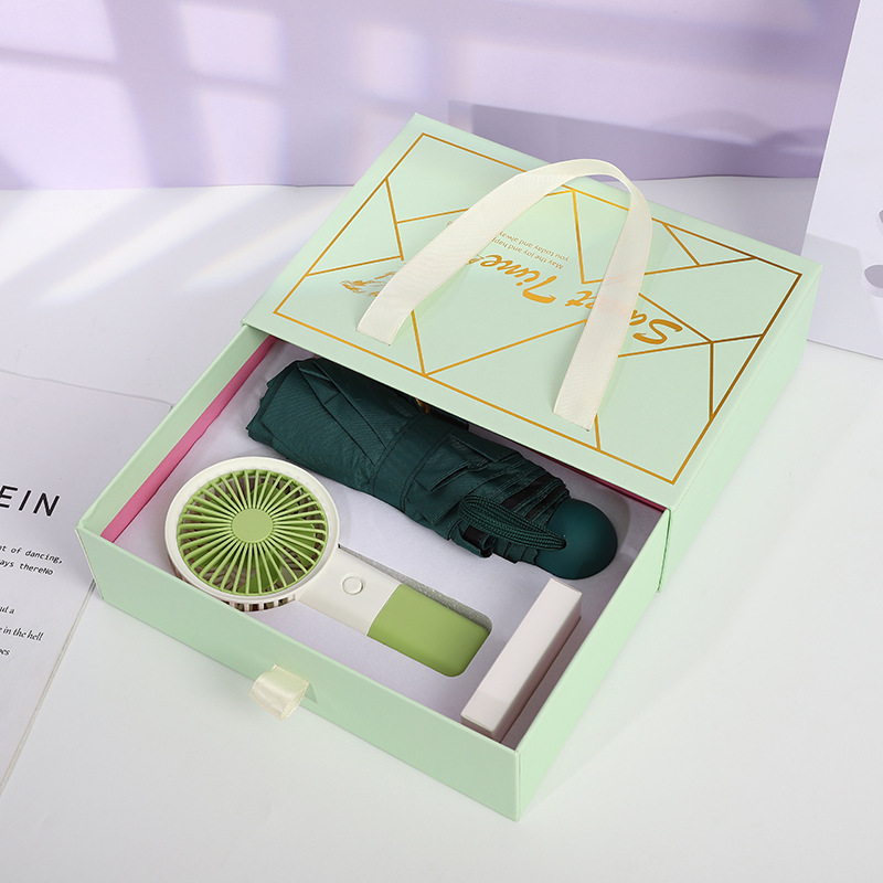 Gift set 3 hand fan umbrella gift set customizable green