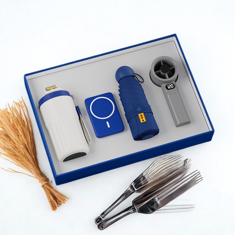 Premium corporate gift set with shaker bottle, power bank, umbrella, and hand fan