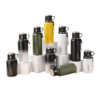 Thermos stainless steel bottles in all colours — green, yellow, gradient, black, and white, displayed together