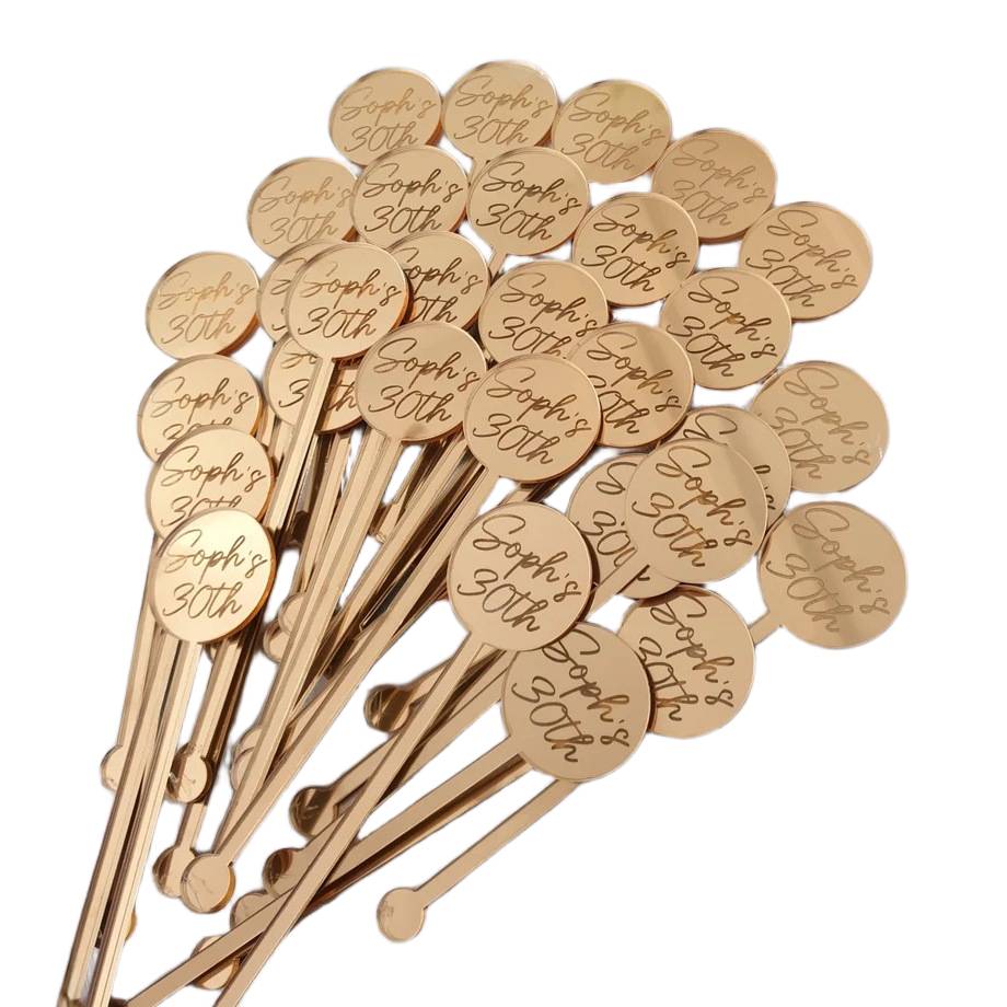 Custom drink stirrers in bulk with printed logos for events and cafés