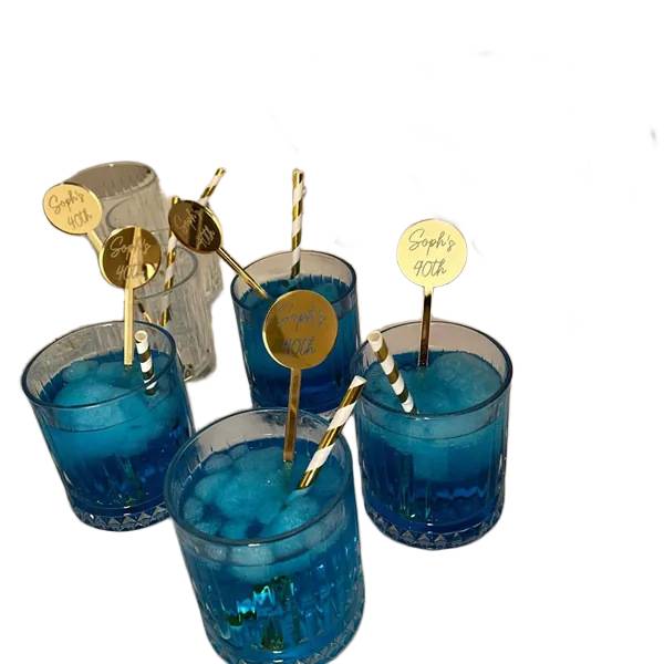 Assorted custom drink stirrers in different designs and colors