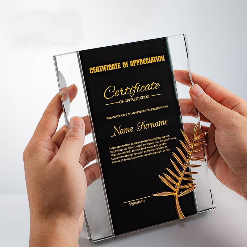 Custom Crystal Certificate Frame – optical crystal award for achievements