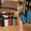 Thermos water bottle with handle cap shown from top view