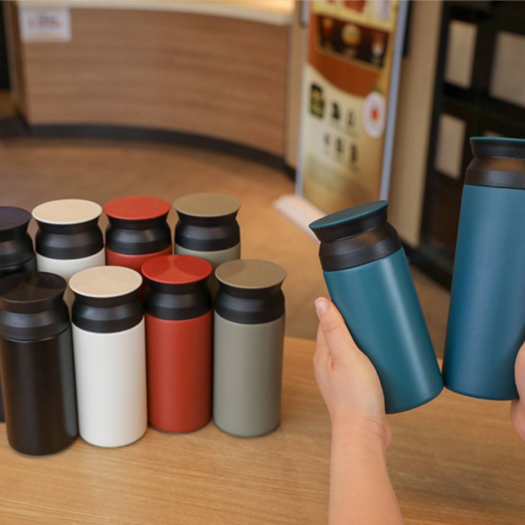 Thermos water bottle with handle cap shown from top view