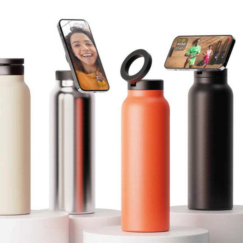 Corporate gift thermos bottle with hands-free phone viewing
