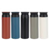 Multiple colours of stainless steel thermos bottles arranged together