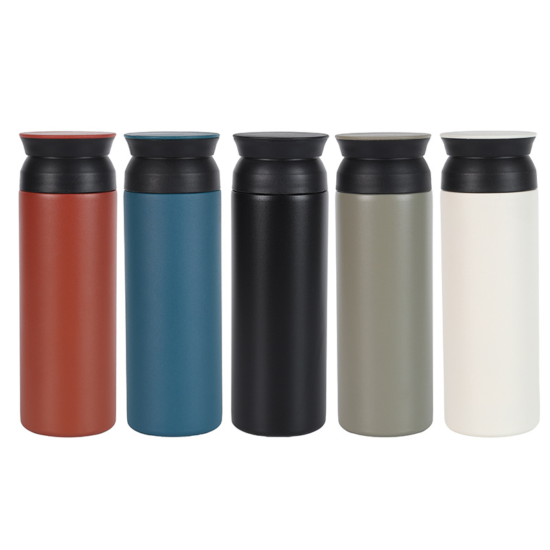 Multiple colours of stainless steel thermos bottles arranged together