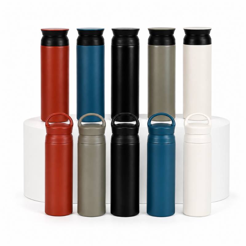 Multiple colours of stainless steel thermos bottles arranged together