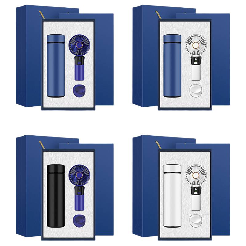 Corporate gift set with thermos bottle and rechargeable hand fan