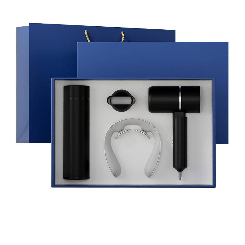 Elegant corporate gift set with thermos, neck massager, and hair dryer