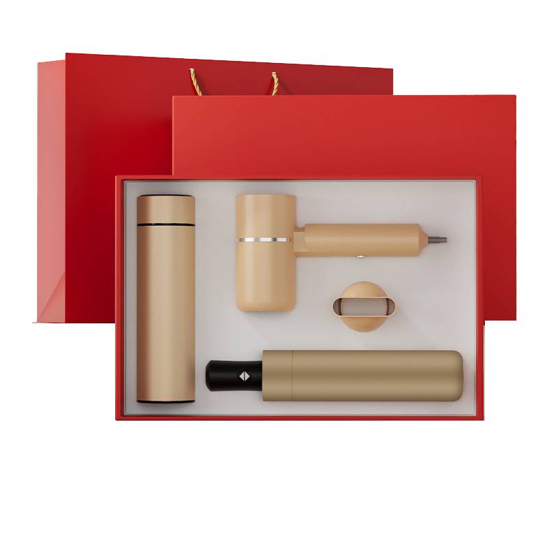 Corporate Gift Set Thermos, Hair Dryer & Umbrella Malaysia – Custom Branding | VKraf Gifts Premium corporate gift set with thermos, hair dryer, and umbrella in gift box