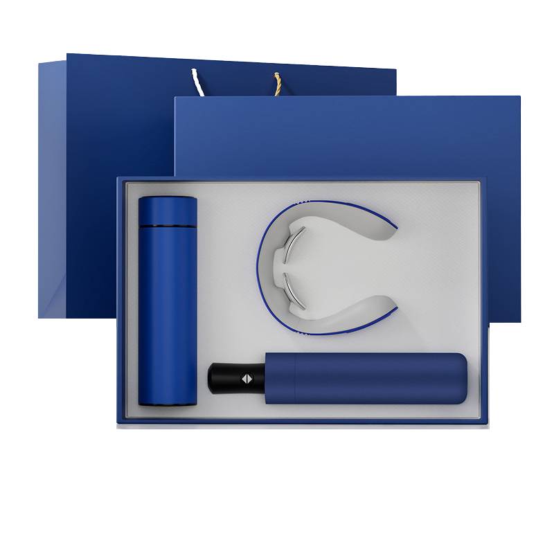 Custom branded thermos, neck massager, and umbrella corporate gift set
