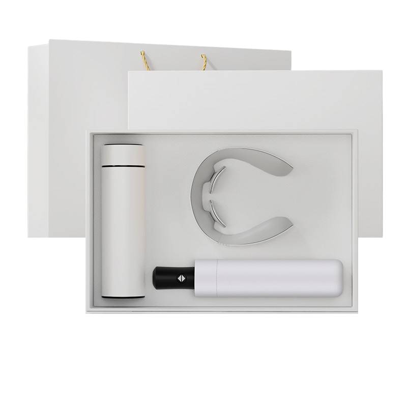 Premium corporate gift set Malaysia featuring thermos, neck massager, and umbrella