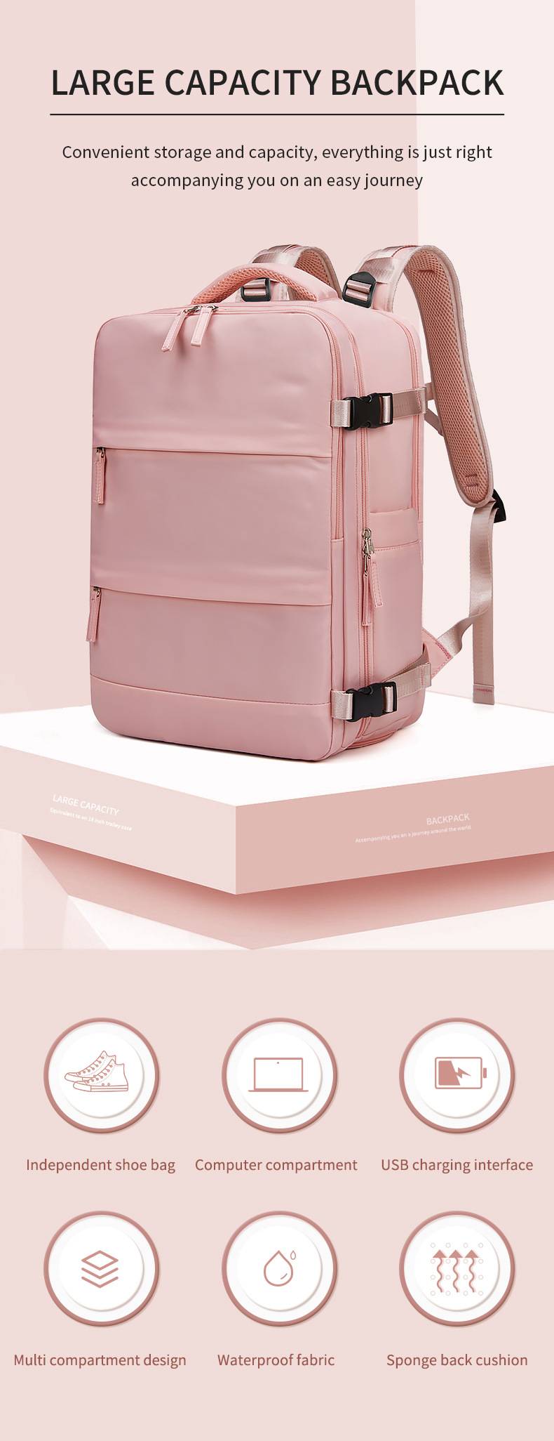 Backpack with sponge-cushioned back and shoulder straps