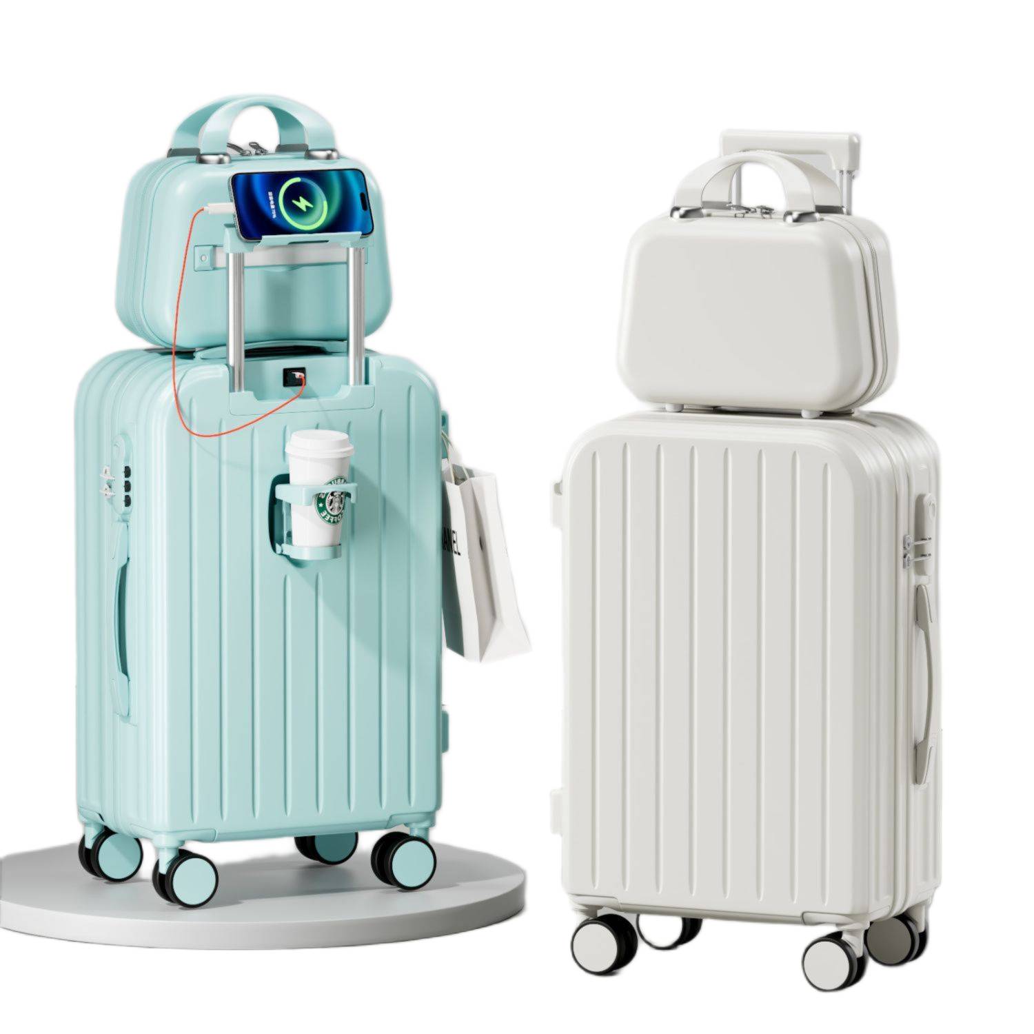 ABS luggage suitcase with cup holder and phone holder