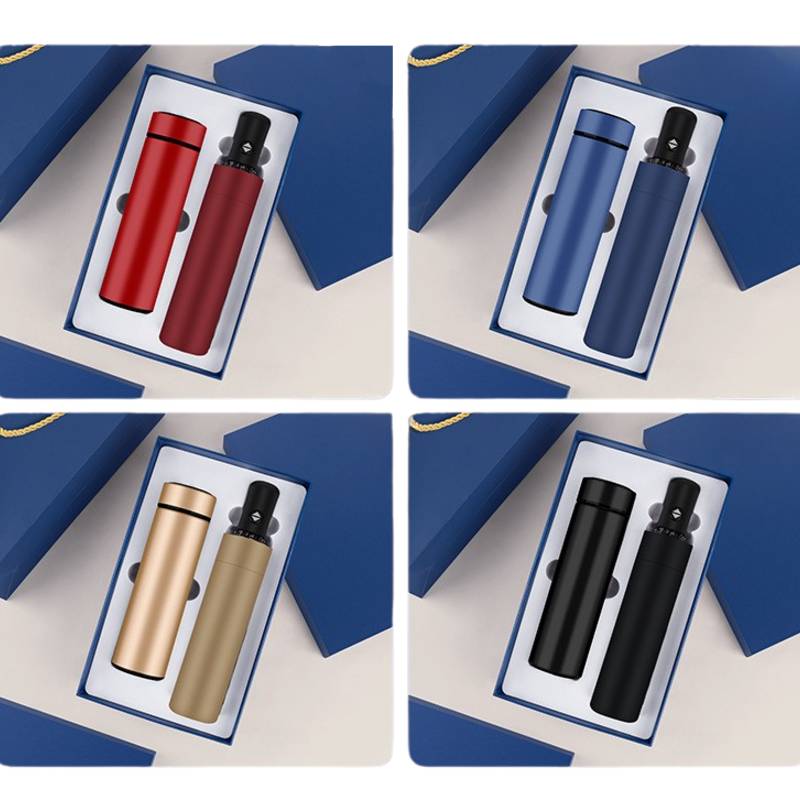 Corporate gift set with thermos bottle and umbrella