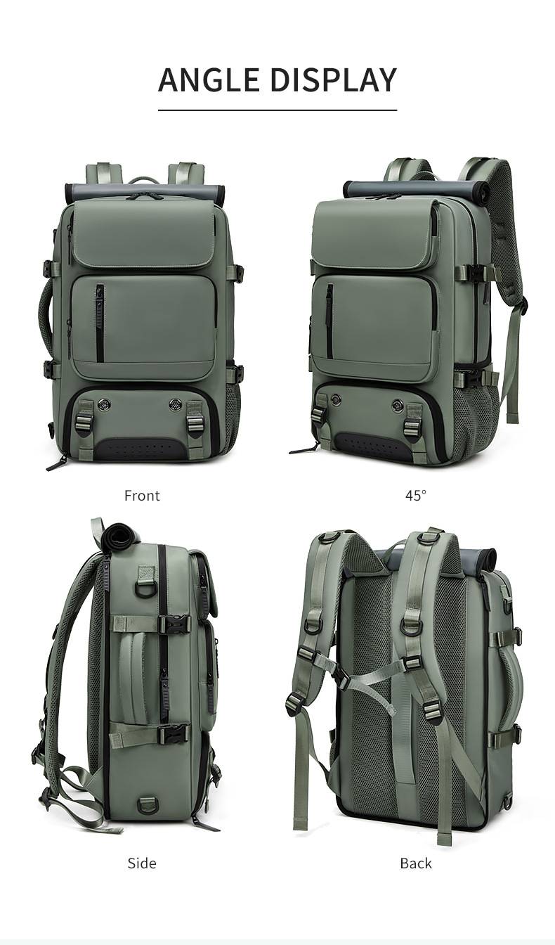 Travel backpack with rear luggage strap