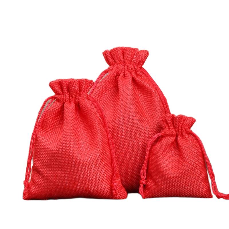Rose red drawstring linen pouch