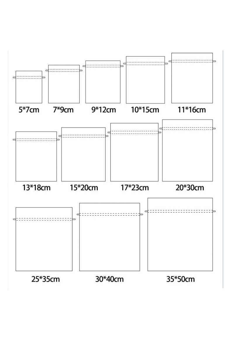 Drawstring mesh pouch size chart with multiple dimensions