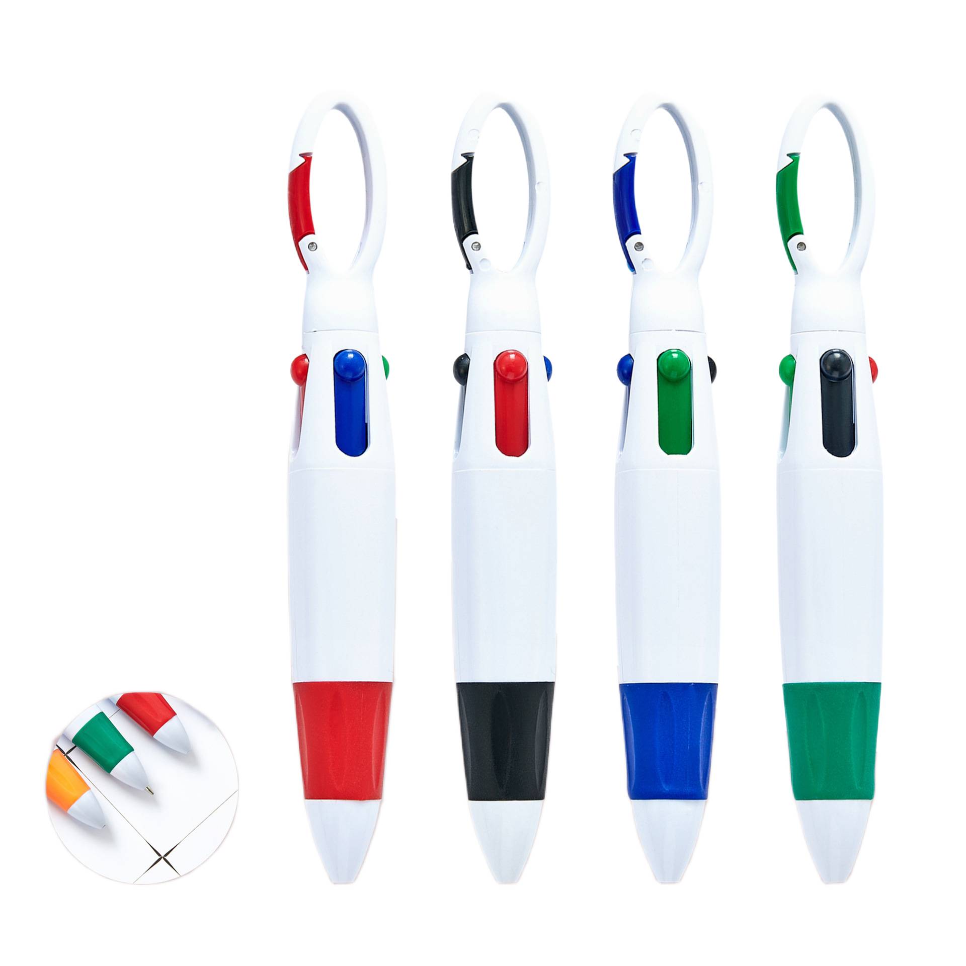 Four-colour ballpoint pen with carabiner clip for easy carrying
