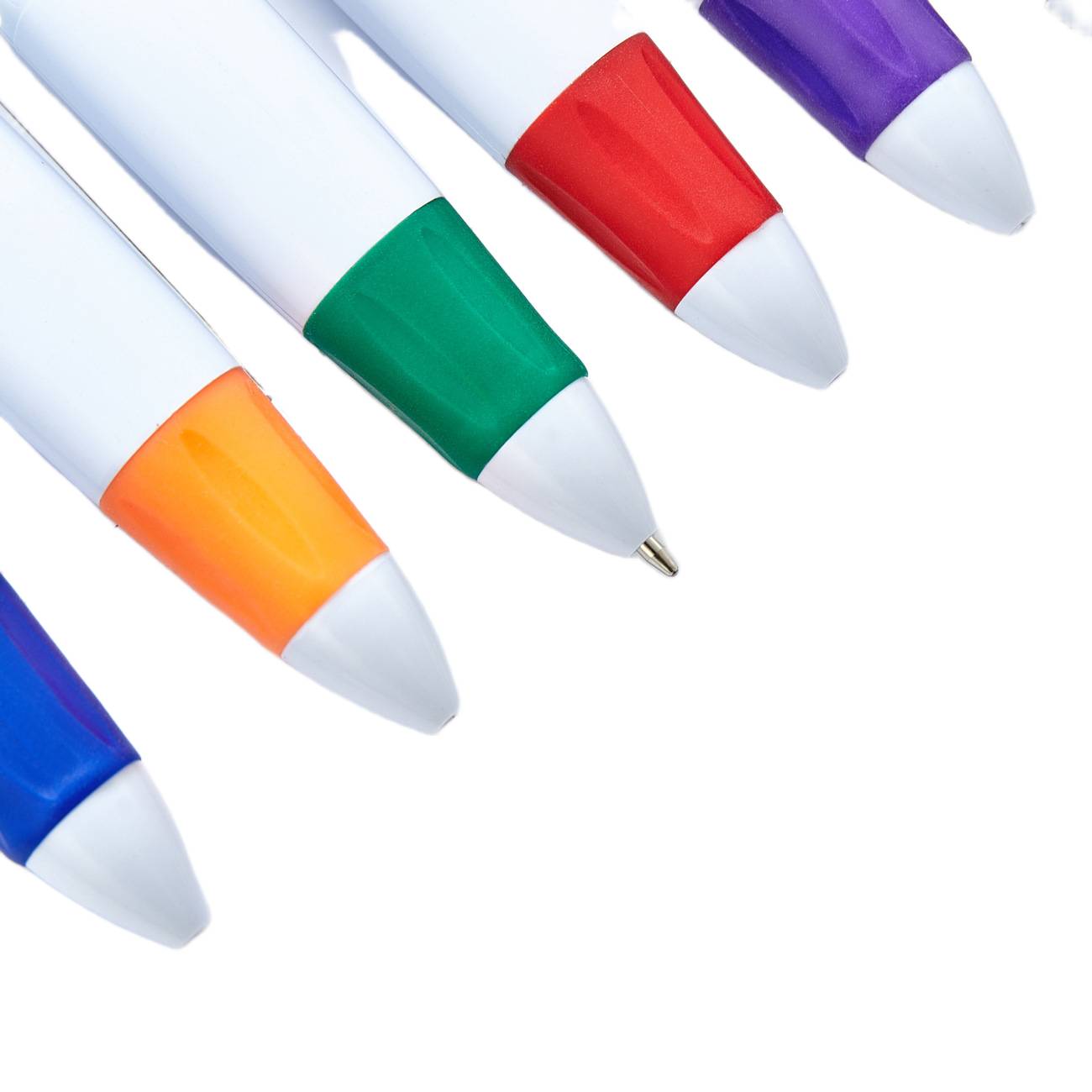 Four-colour plastic ballpoint pen with carabiner for branding