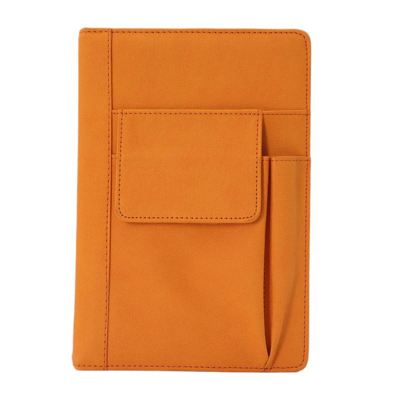 Orange PU notebook angled to show side pockets
