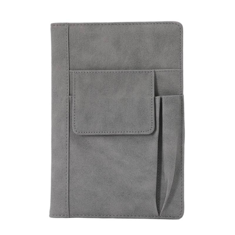 Grey PU notebook angled to display binding and cover texture