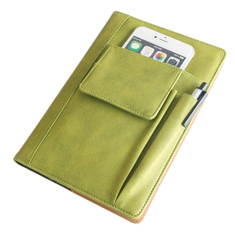 Green PU notebook with phone inserted in the pocket