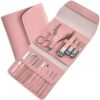 manicure kit with stainless steel tools in leather case