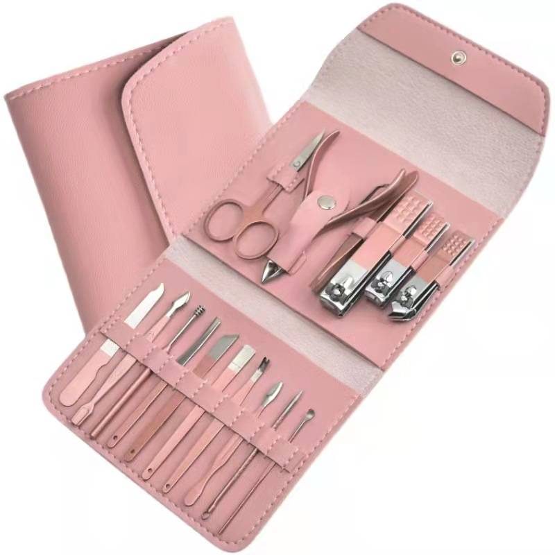 manicure kit with stainless steel tools in leather case