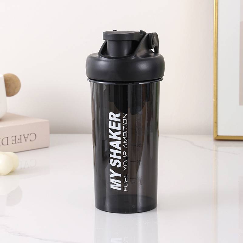 shaker bottle with measurement indicator and logo