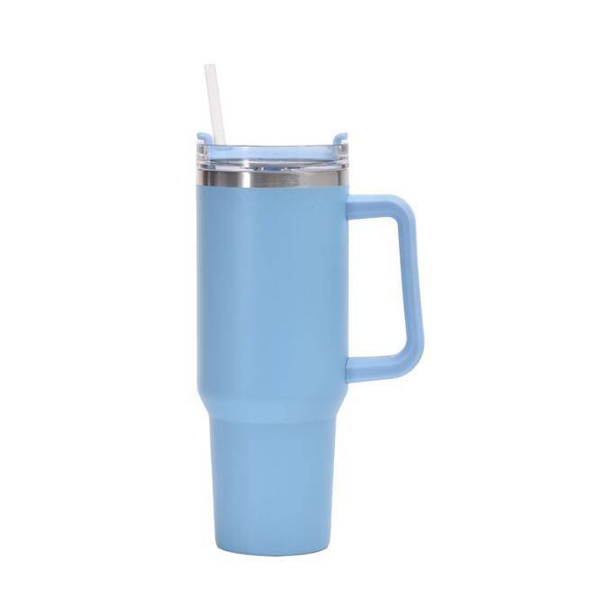 branded tumbler with straw and handle