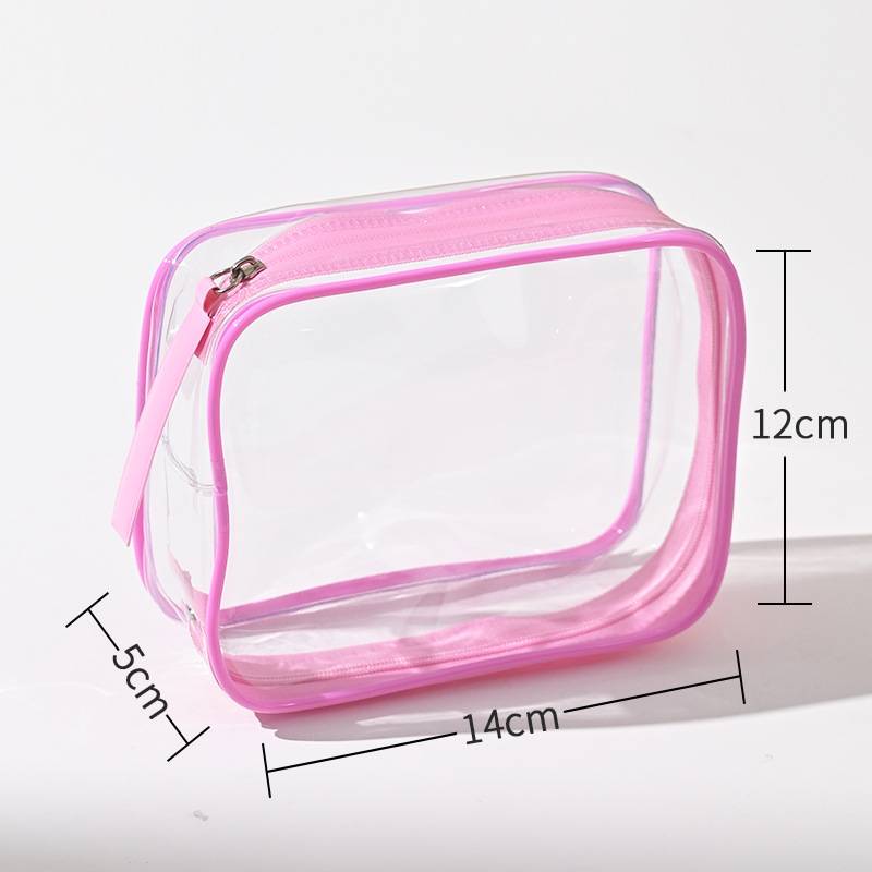 Durable PVC transparent pouch with waterproof construction and custom logo printing, suitable for travel essentials, cosmetics, toiletries, and corporate giveaways.
