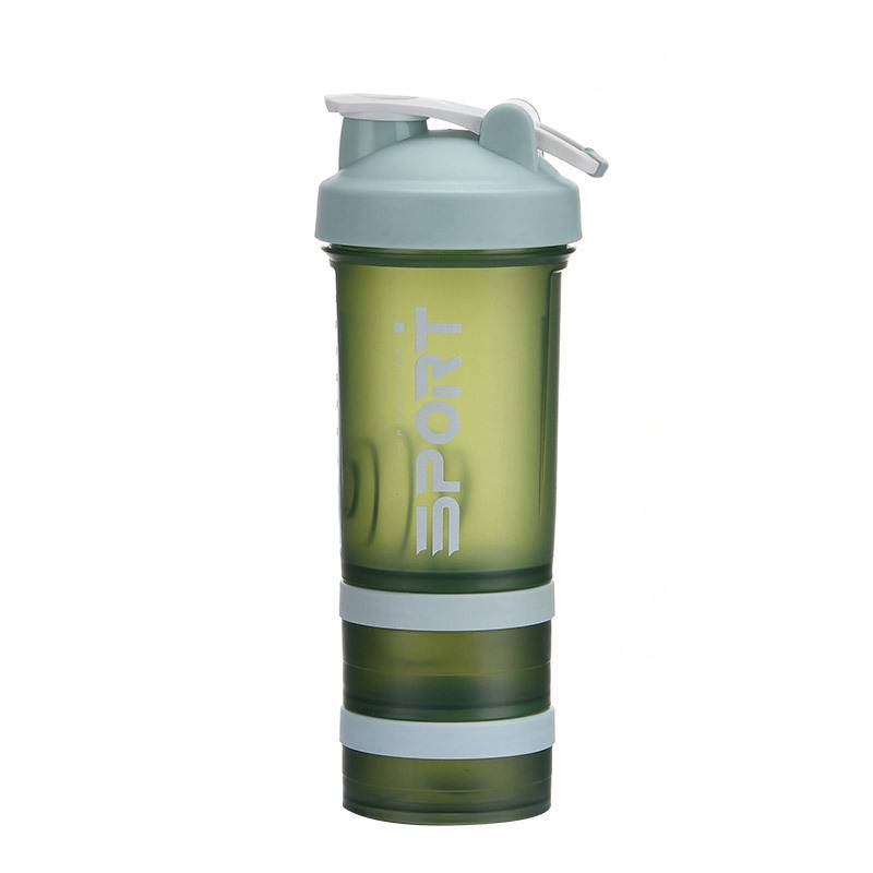 green shaker bottle with protein storage container