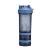 blue shaker bottle with storage compartment