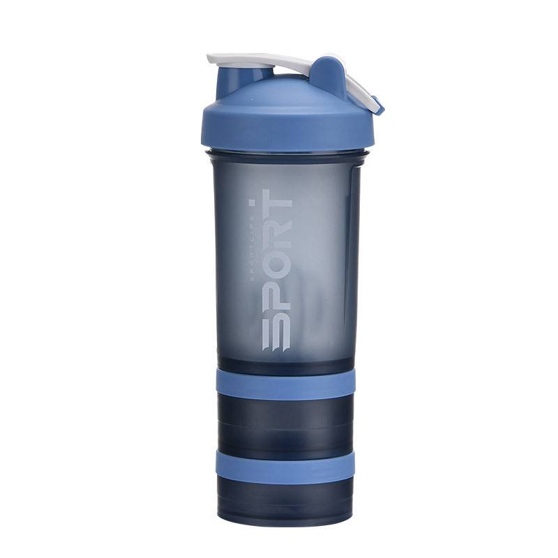 blue shaker bottle with storage compartment