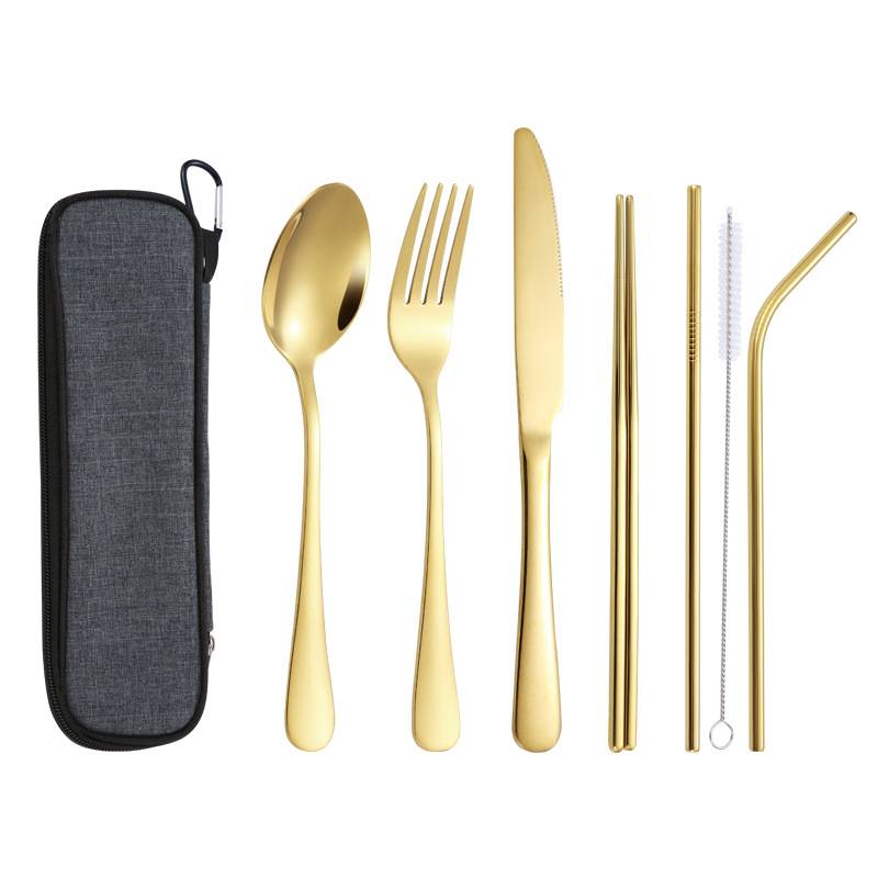 Reusable Stainless Steel Cutlery Set Reusable stainless steel cutlery set in silver, gold, and black.