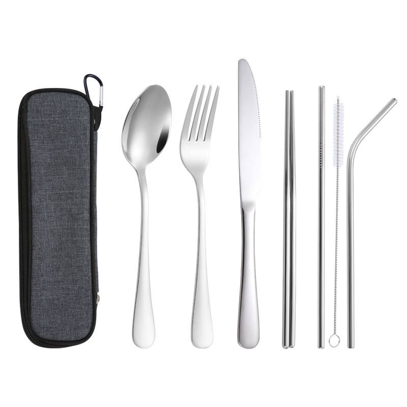 Stainless Steel Cutlery Set Stainless steel cutlery set with zipper pouch for travel and corporate gifts.